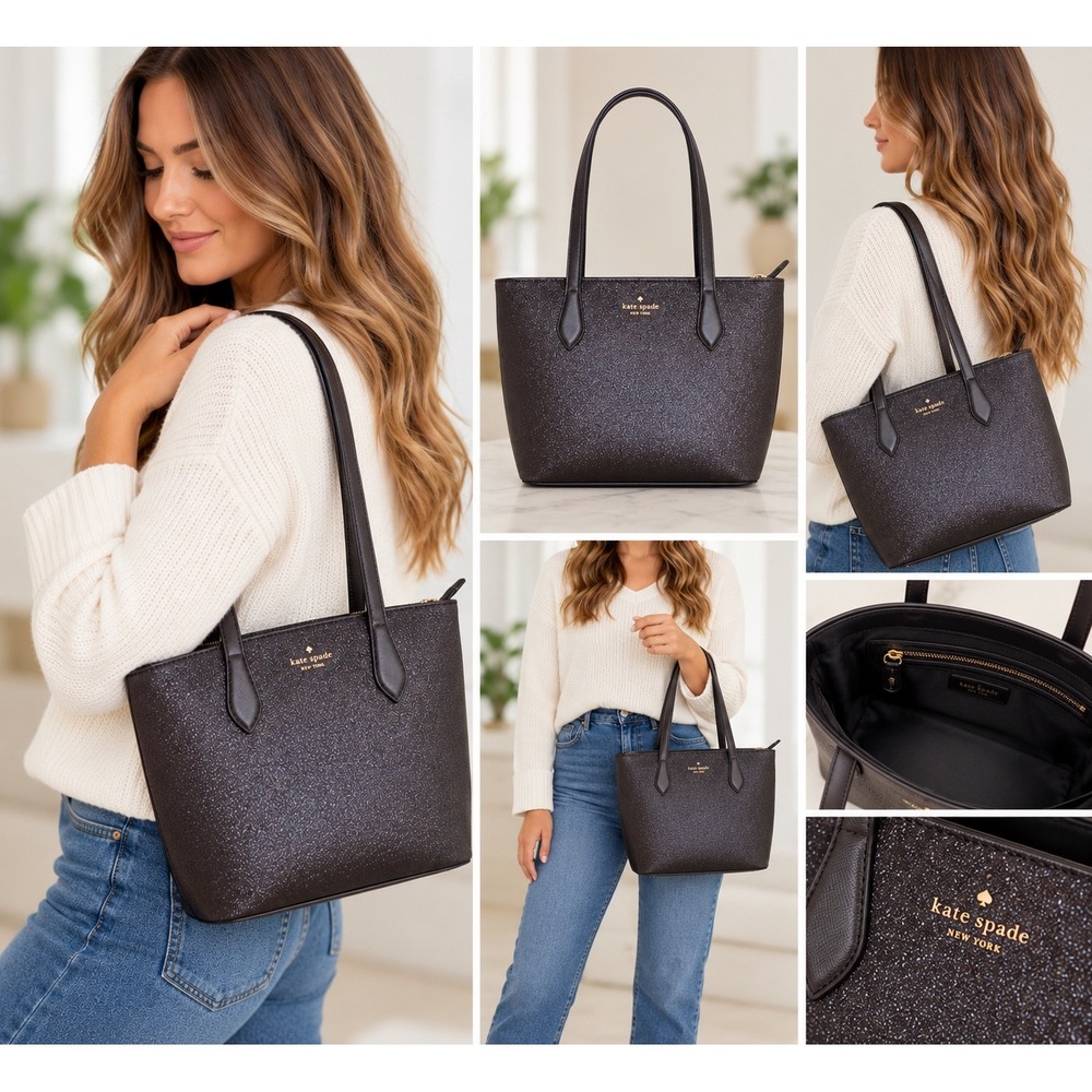 Kate Spade Joeley Glitter Large Tote Bag Black Brown Leather Shoulder Bag